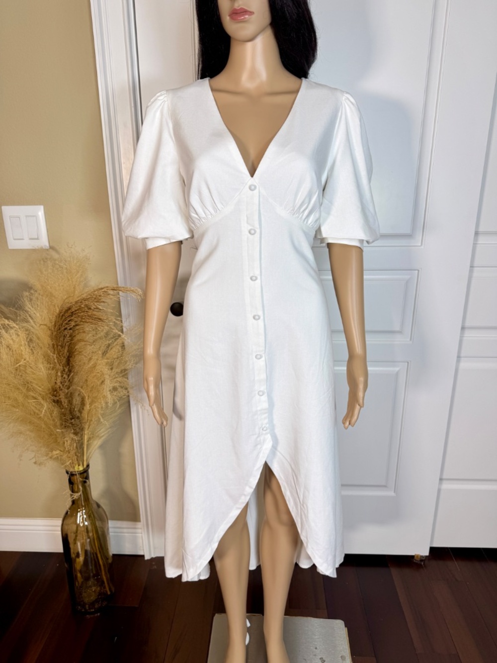 IVORY HIGH LOW PUFF SLEEVE LINEN MIDI DRESS - NWOT - Picture 6 of 15